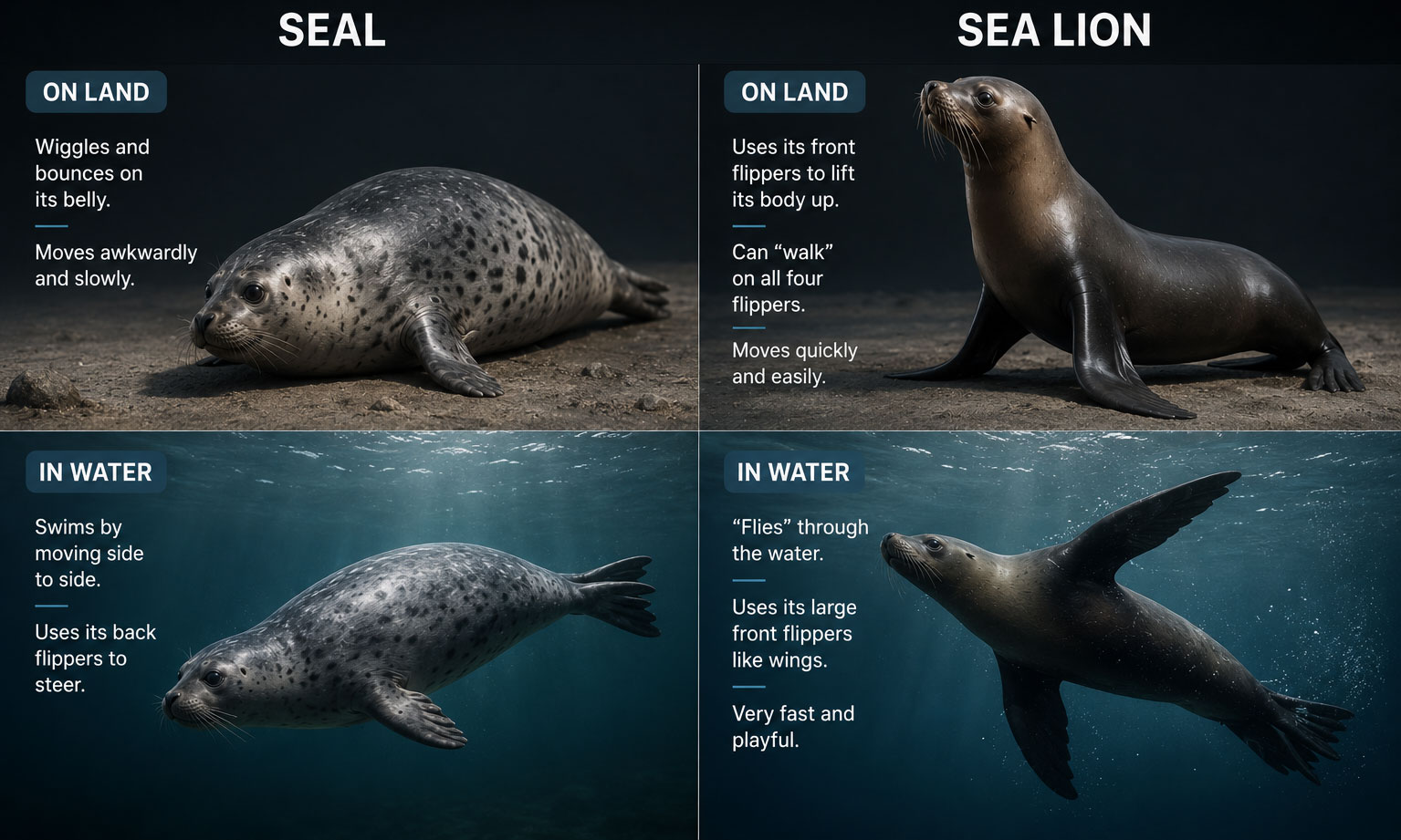 Infographic comparing how seals and sea lions move on land and swim in water.