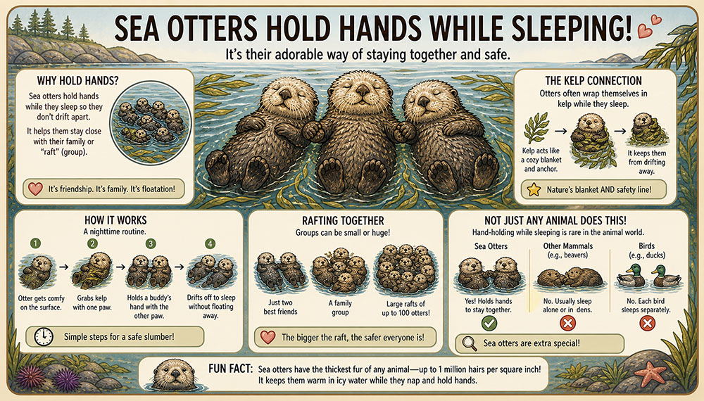 Illustrated infographic of sea otters floating on water holding hands, explaining how it helps them stay together and not drift apart.