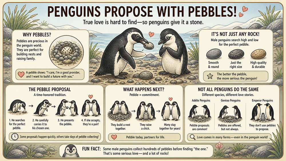 Cute infographic of two penguins exchanging a pebble, explaining how penguins use stones as part of courtship and nesting.