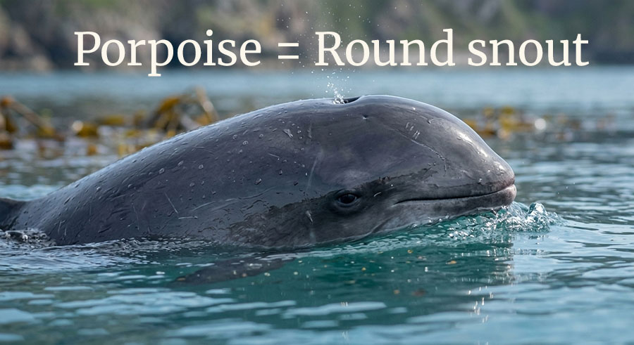 Close-up of a porpoise surfacing in the water, demonstrating its distinct round snout feature.