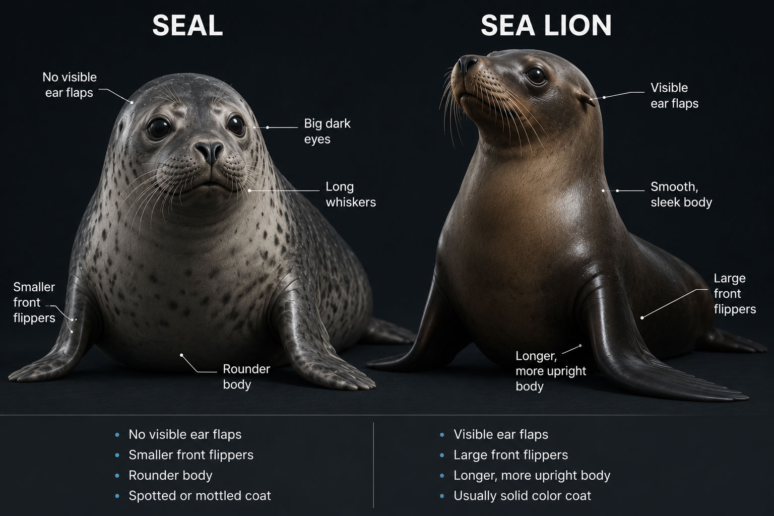 Educational comparison infographic showing the physical differences between a seal and a sea lion including ear flaps, flippers, and body shape.