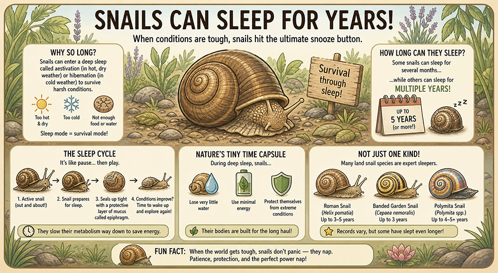 Illustrated infographic showing a snail and explaining how snails can hibernate or aestivate for years in harsh conditions.