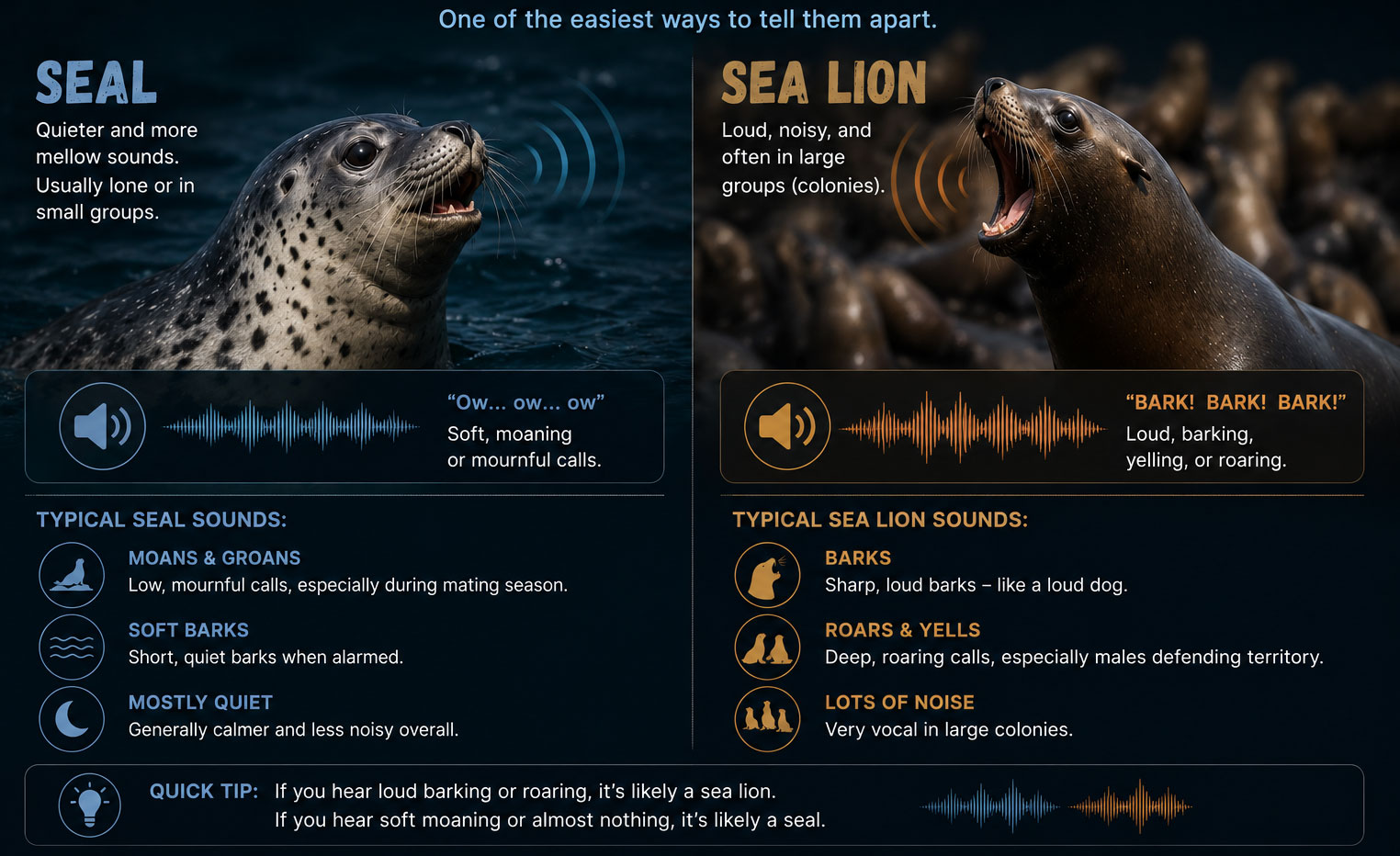 Educational infographic comparing the quiet sounds of seals with the loud barking sounds of sea lions