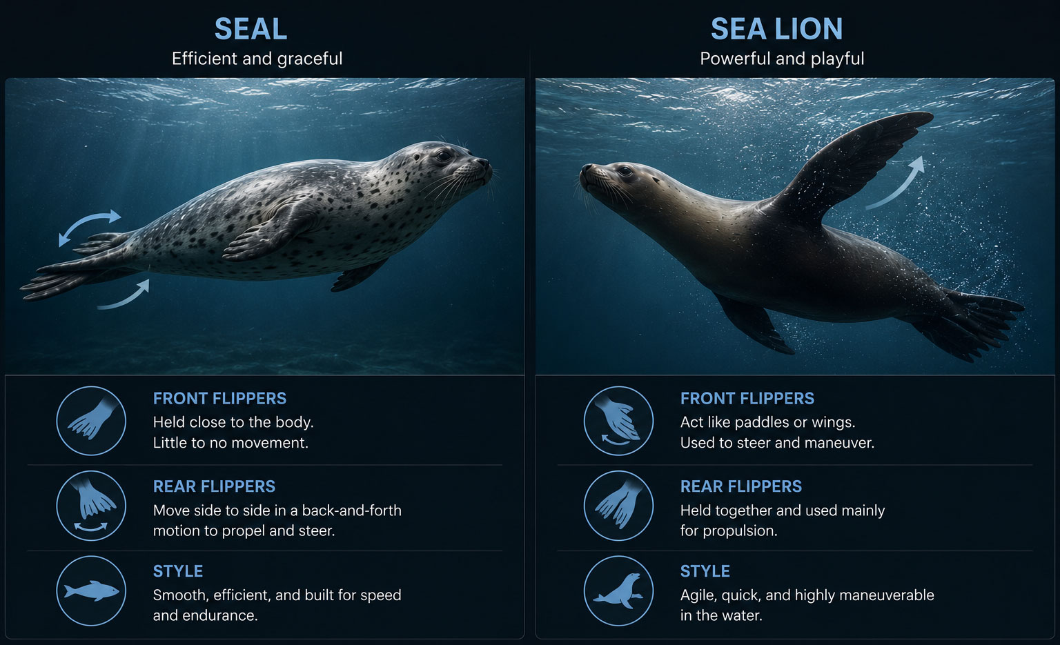 Side-by-side underwater comparison showing a seal swimming with its back flippers and a sea lion using its front flippers.