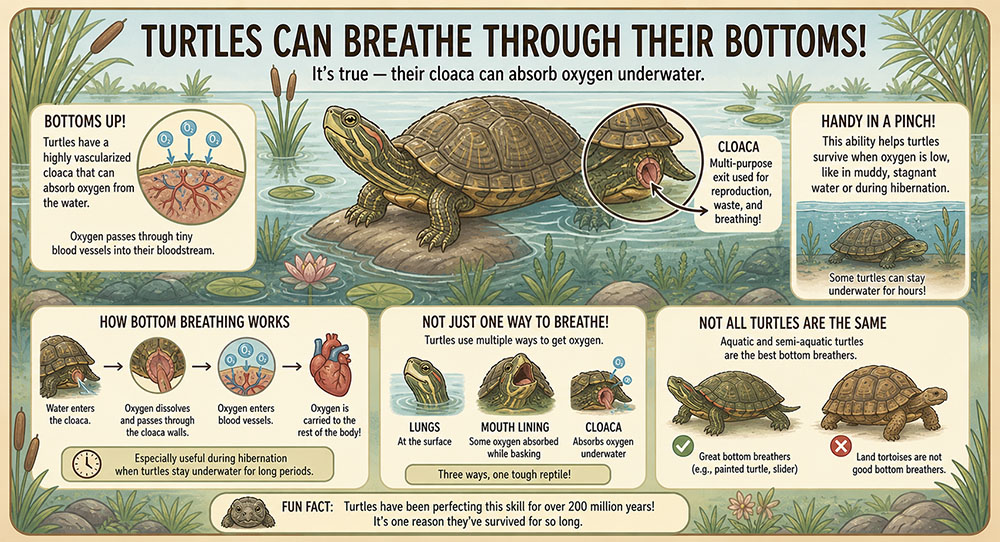 Educational infographic of a turtle in water explaining how it absorbs oxygen through its cloaca to breathe underwater.