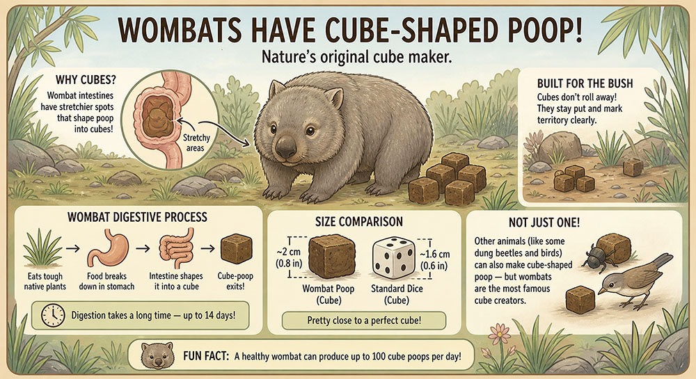 Illustrated infographic of a wombat showing cube-shaped poop, explaining how its intestines form cubes and why they don’t roll away.